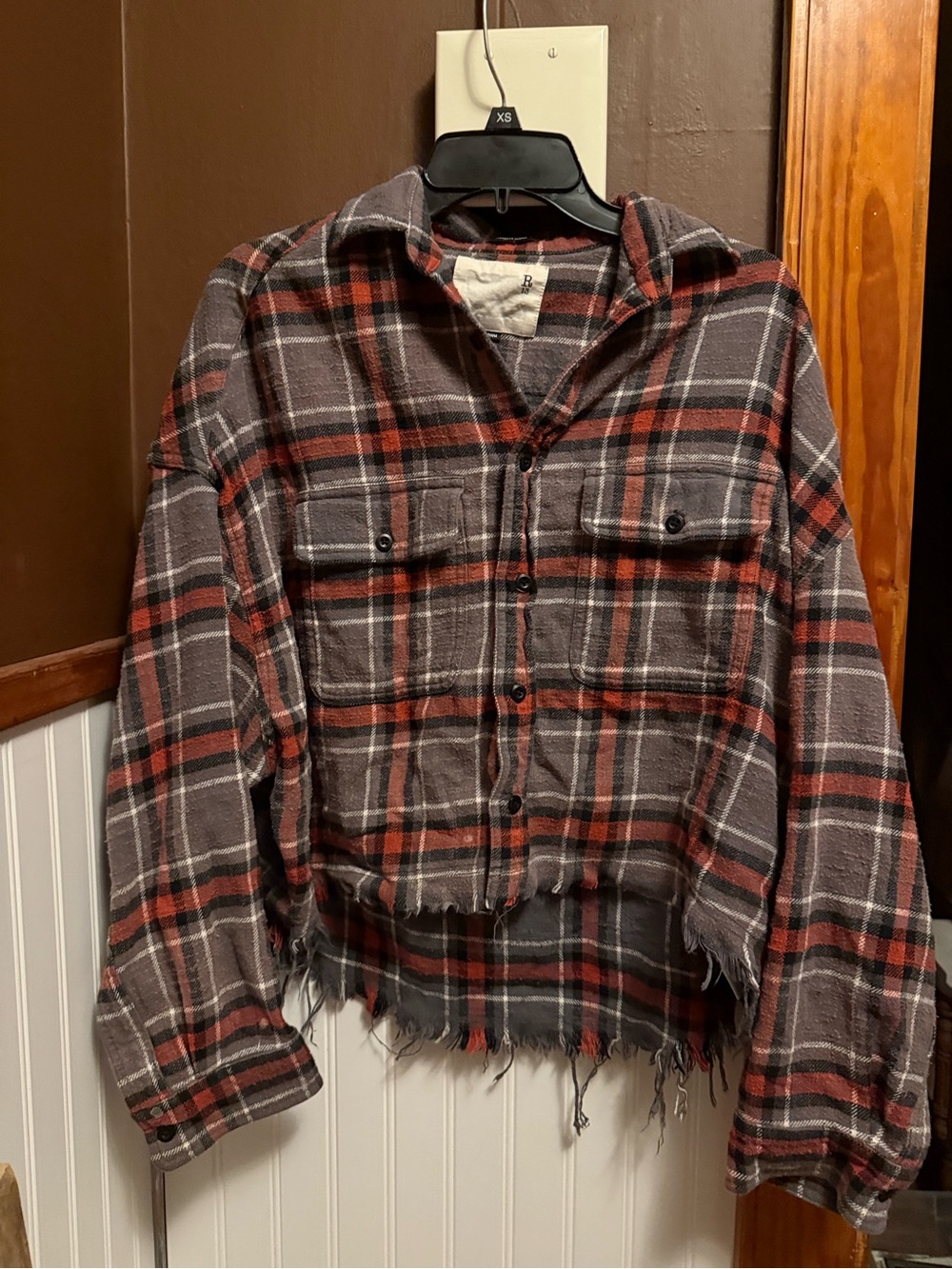 R13 cropped distressed flannel